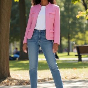 St John Tweed Pink/White Fringe Boucle Jacket Blazer L